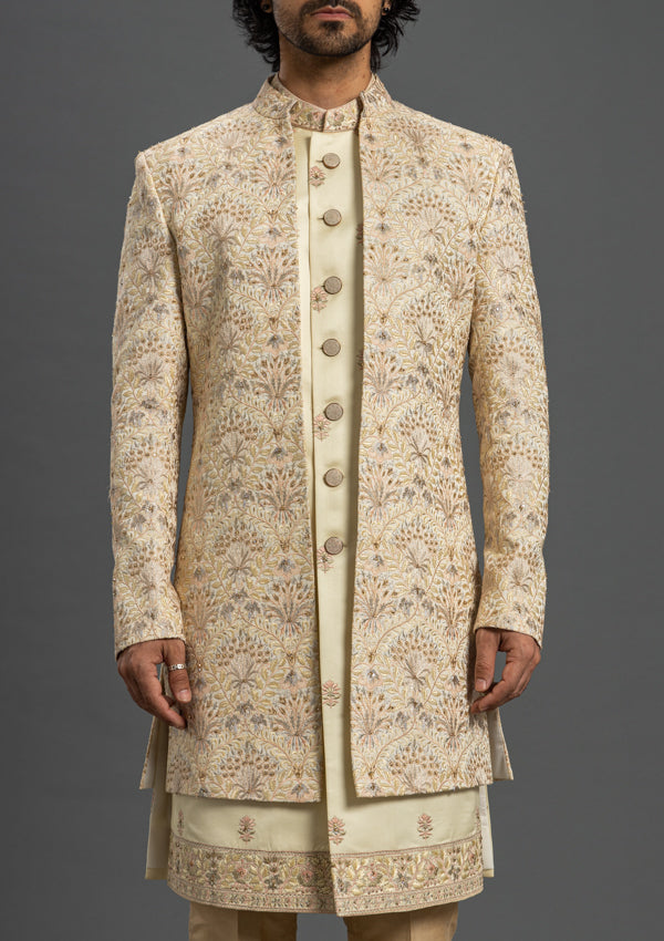 Cream Brocade and Satin Finish Indowestern with Booti Work