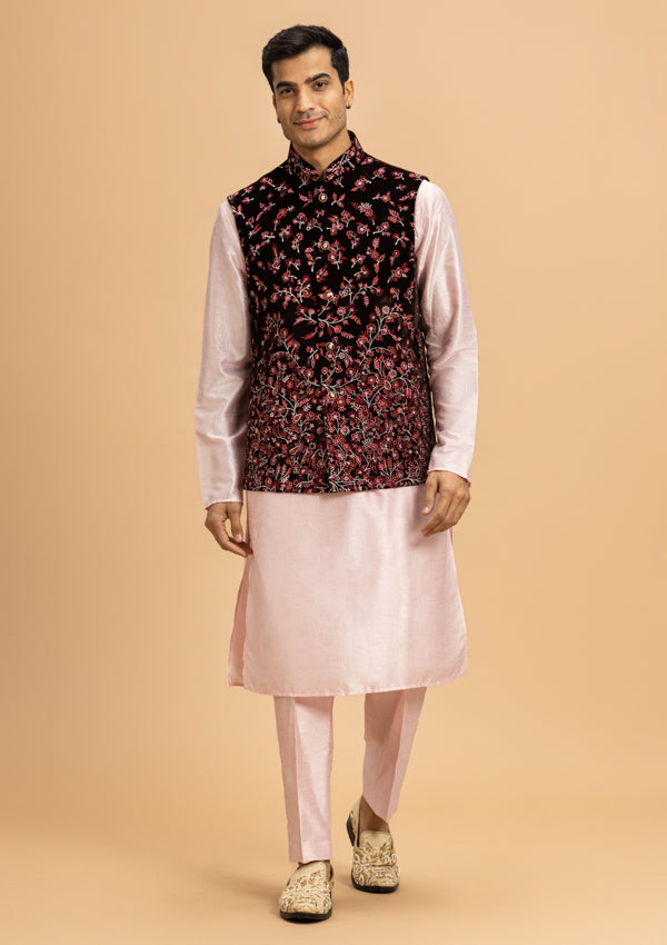 Pink & Wine Poly Silk Bandi Jacket With Velvet Embroidery