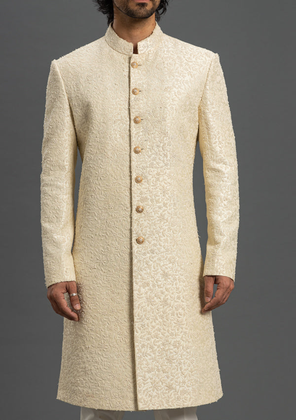 Off White Raw Silk Sherwani With Threadwork