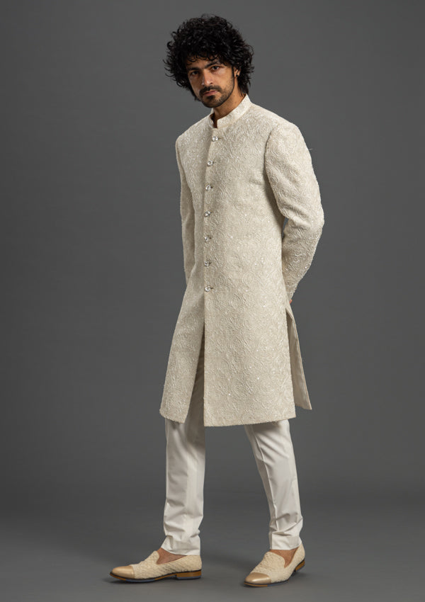 Off White Chanderi Sherwani With Embroidery and Cut Dana work