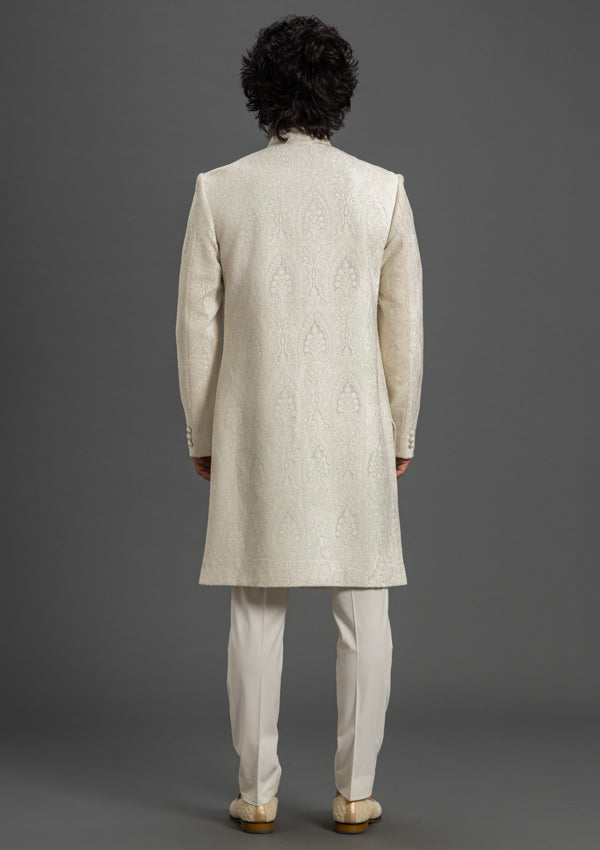 Off White Velvet Sherwani With Cut Dana