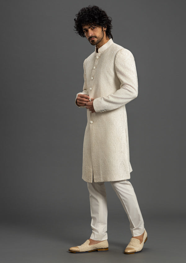 Off White Velvet Sherwani With Cut Dana