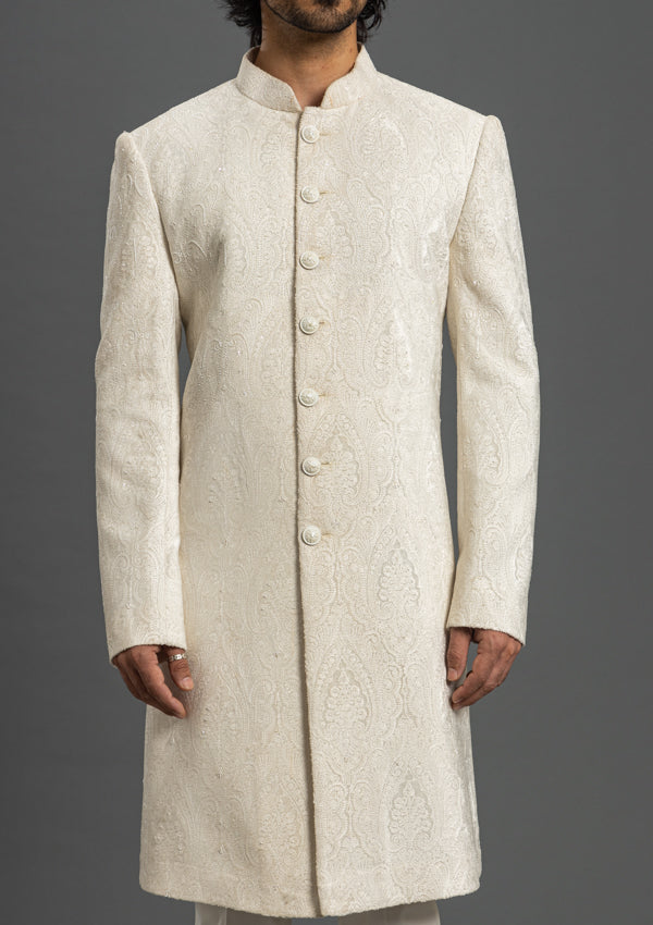 Off White Velvet Sherwani With Cut Dana