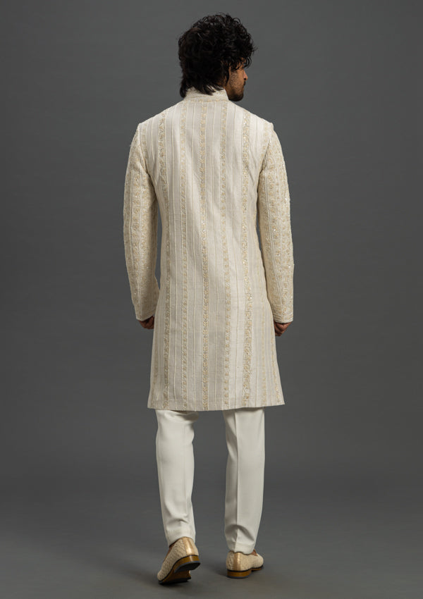 White Silk Sherwani With Cut Dana & Thread Work