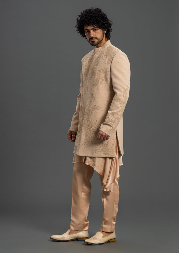 Peach Indo Western With French Knot Thread & Pearl Work