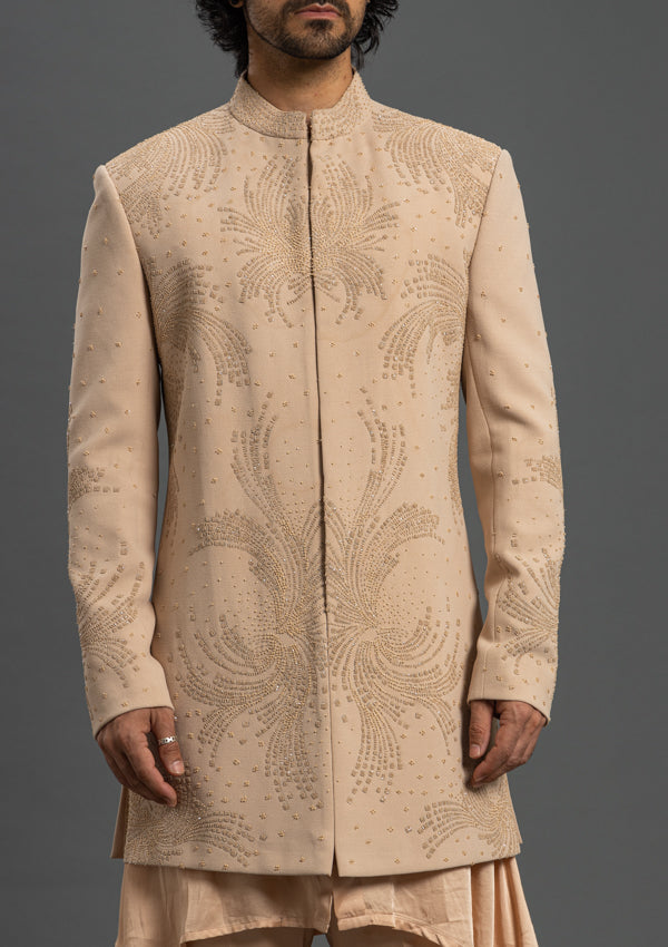 Peach Indo Western With French Knot Thread & Pearl Work