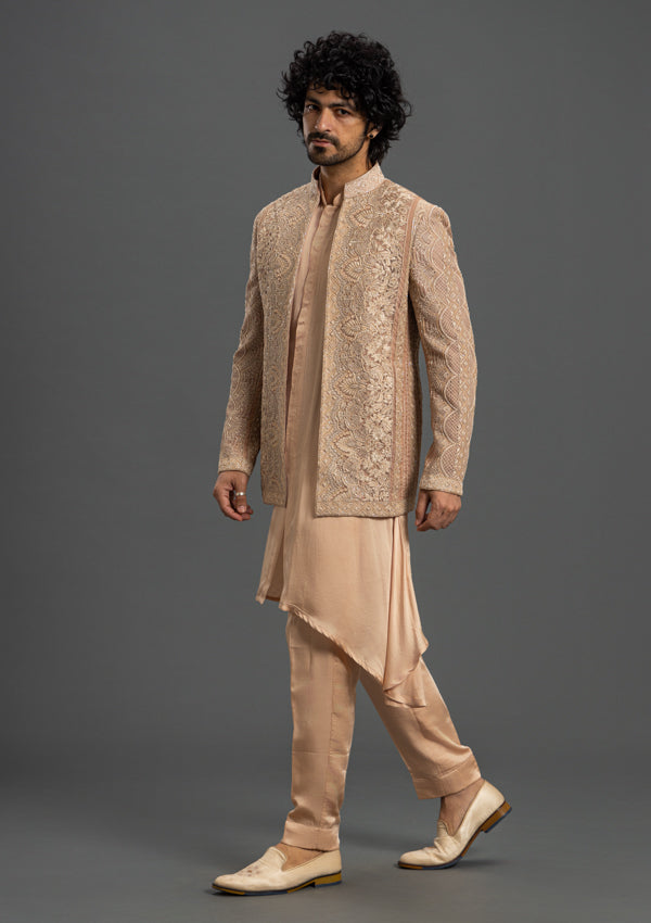 Onion Pink Organza & Satin Bandhgala With embroidery, Thread And Pearl Work