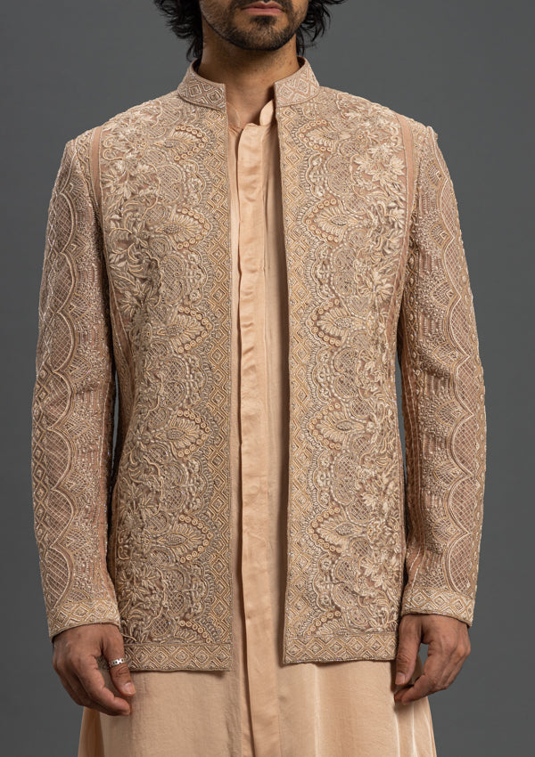 Onion Pink Organza & Satin Bandhgala With embroidery, Thread And Pearl Work