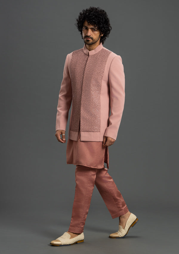 Pink Italian Poly Viscose Bandhgala  With French knot & Tiki Work
