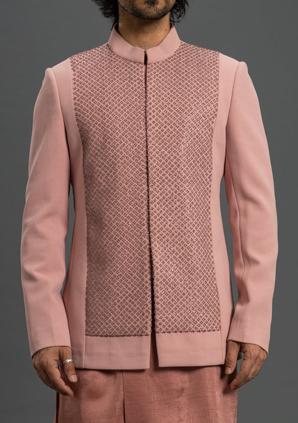 Pink Italian Poly Viscose Bandhgala  With French knot & Tiki Work
