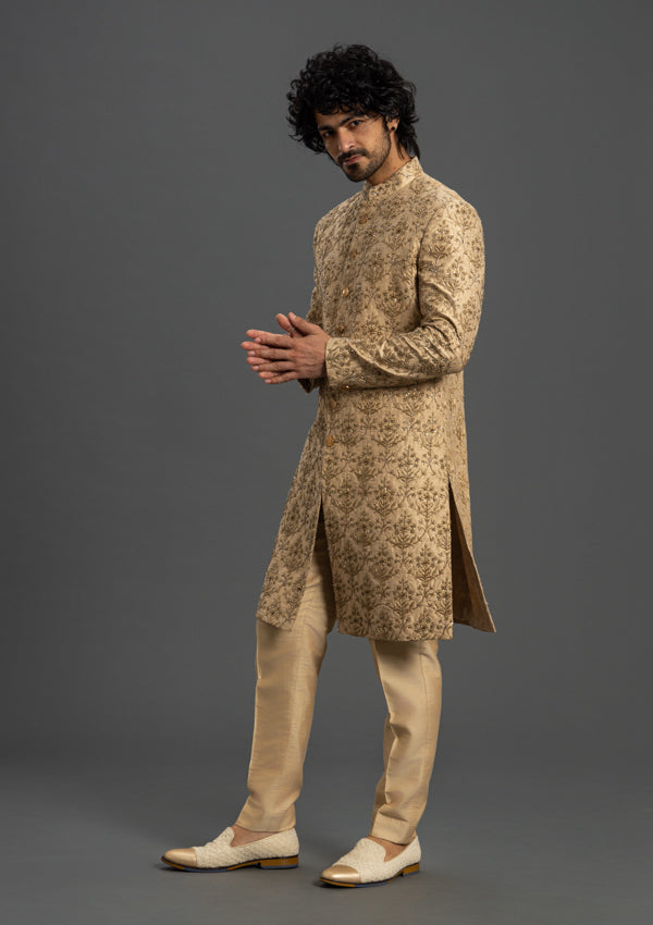 Gold Raw Silk Sherwani With Zardozi, Cutdana and Threadwork