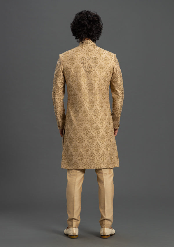 Gold Raw Silk Sherwani With Zardozi, Cutdana and Threadwork