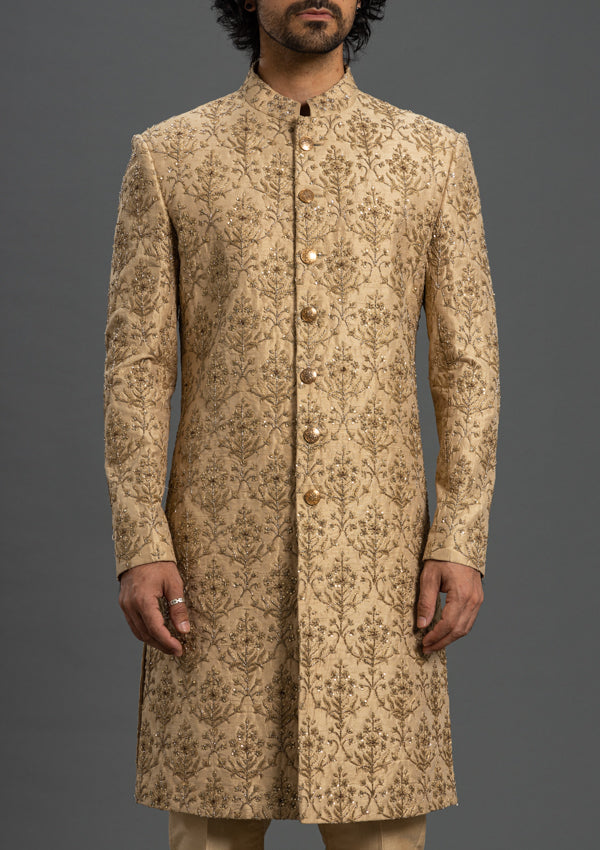 Gold Raw Silk Sherwani With Zardozi, Cutdana and Threadwork