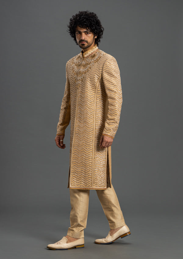 Gold Raw Silk Sherwani With Hand Work and Zardozi