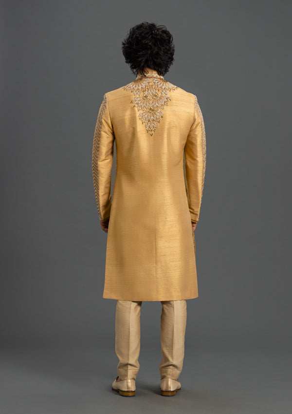 Gold Raw Silk Sherwani With Hand Work and Zardozi