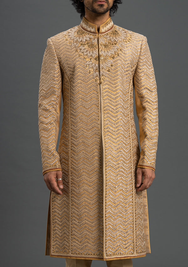 Gold Raw Silk Sherwani With Hand Work and Zardozi