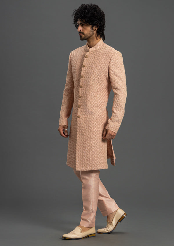 Pink Raw Silk Sherwani With French knot and Cut Dana Work