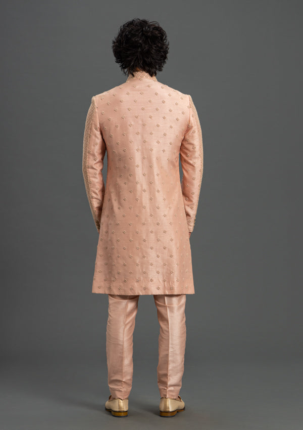 Pink Raw Silk Sherwani With French knot and Cut Dana Work