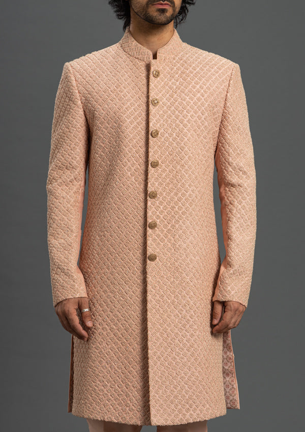 Pink Raw Silk Sherwani With French knot and Cut Dana Work