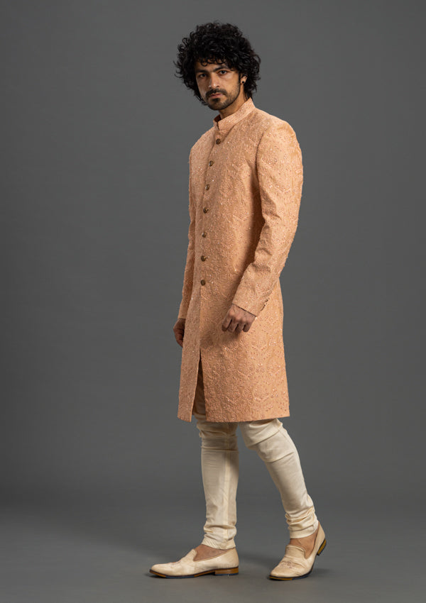 Onion Pink Raw Silk Sherwani Thread & Cut Dana Work