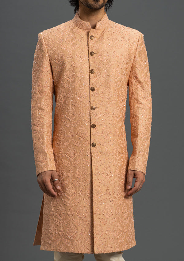 Onion Pink Raw Silk Sherwani Thread & Cut Dana Work