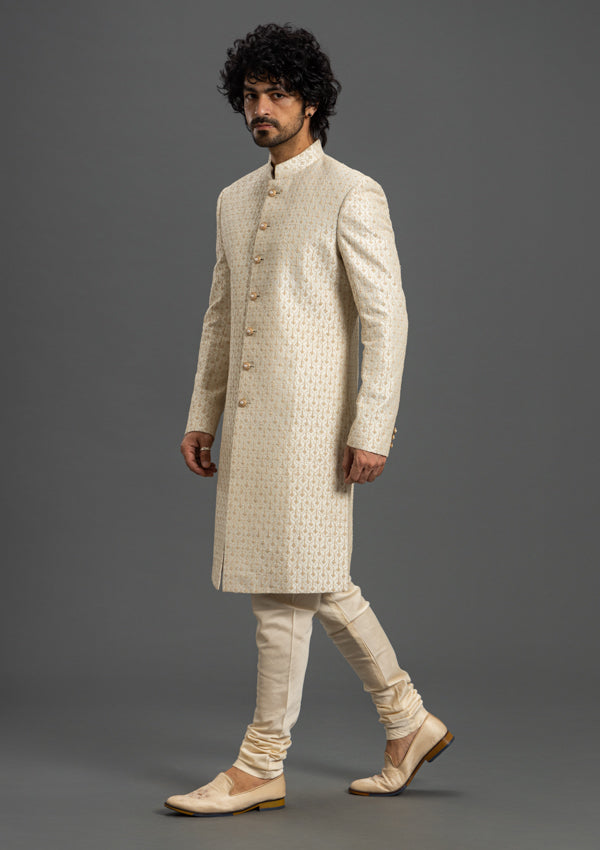 Off White Raw Silk Sherwani With Thread Work