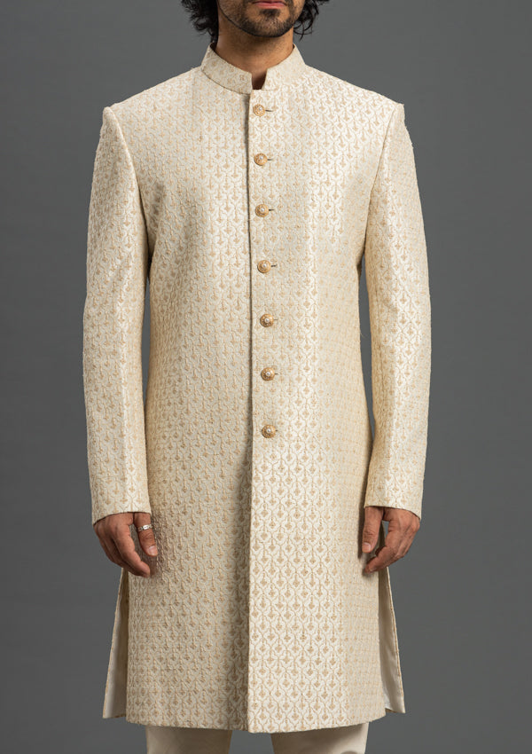 Off White Raw Silk Sherwani With Thread Work