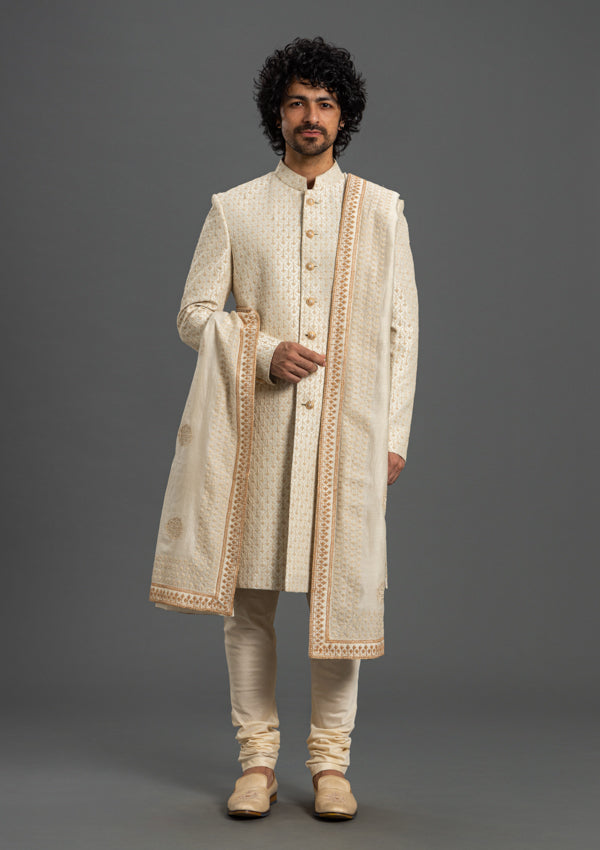 Off White Raw Silk Sherwani With Thread Work