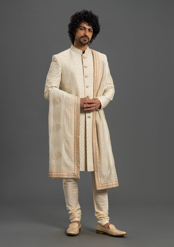 Off White Raw Silk Sherwani With Thread Work