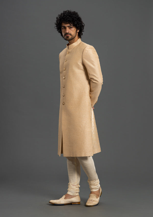 Light Gold Fire Silk Sherwani With Threadwork