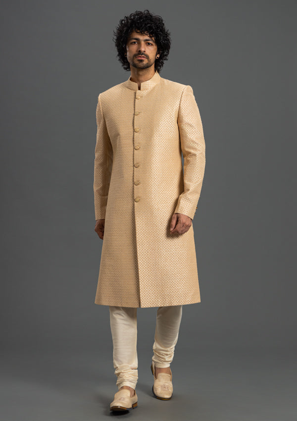 Light Gold Fire Silk Sherwani With Threadwork