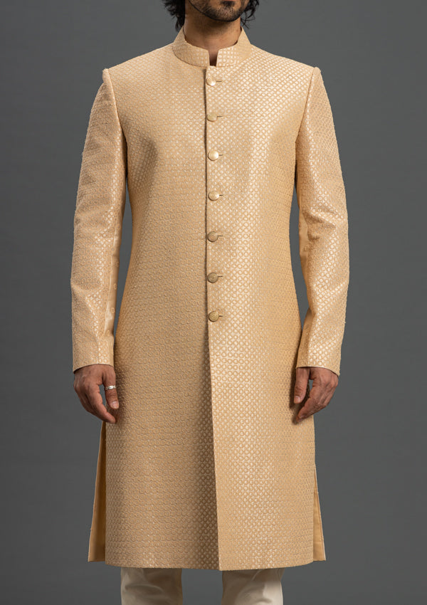 Light Gold Fire Silk Sherwani With Threadwork