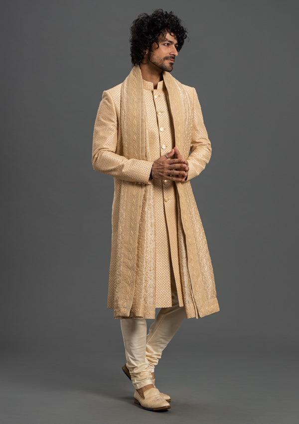 Light Gold Fire Silk Sherwani With Threadwork