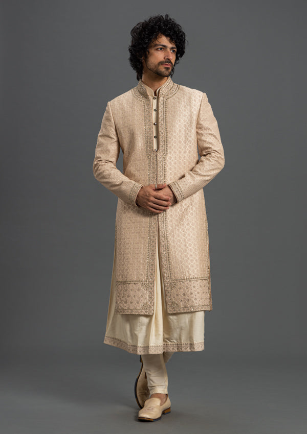 Beige Firesilk Zardozi Sherwani with Thread Work