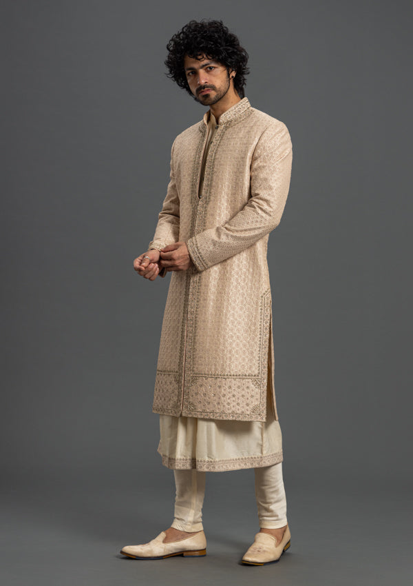 Beige Firesilk Zardozi Sherwani with Thread Work