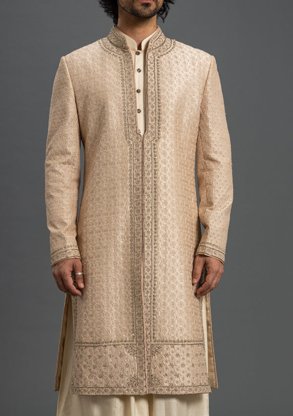 Beige Firesilk Zardozi Sherwani with Thread Work