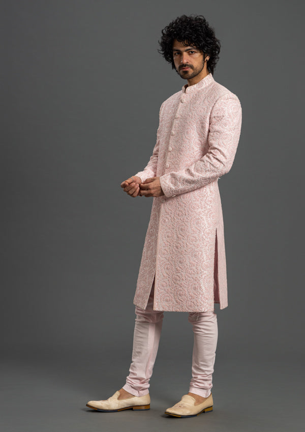 Pink Firesilk Sherwani with threadwork and cut dana work