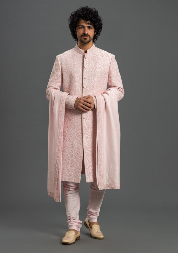 Pink Firesilk Sherwani with threadwork and cut dana work