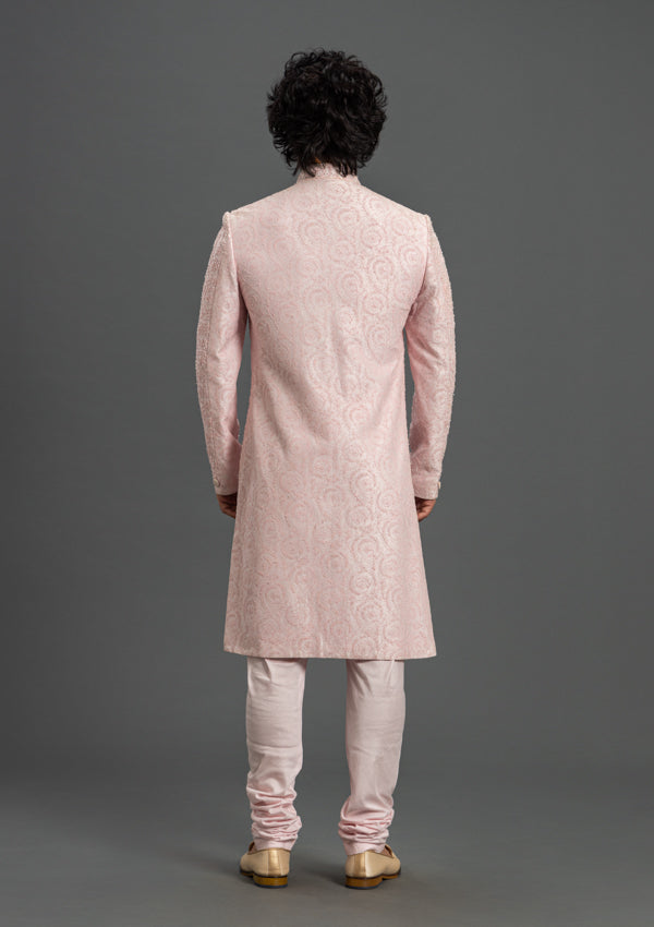 Pink Firesilk Sherwani with threadwork and cut dana work