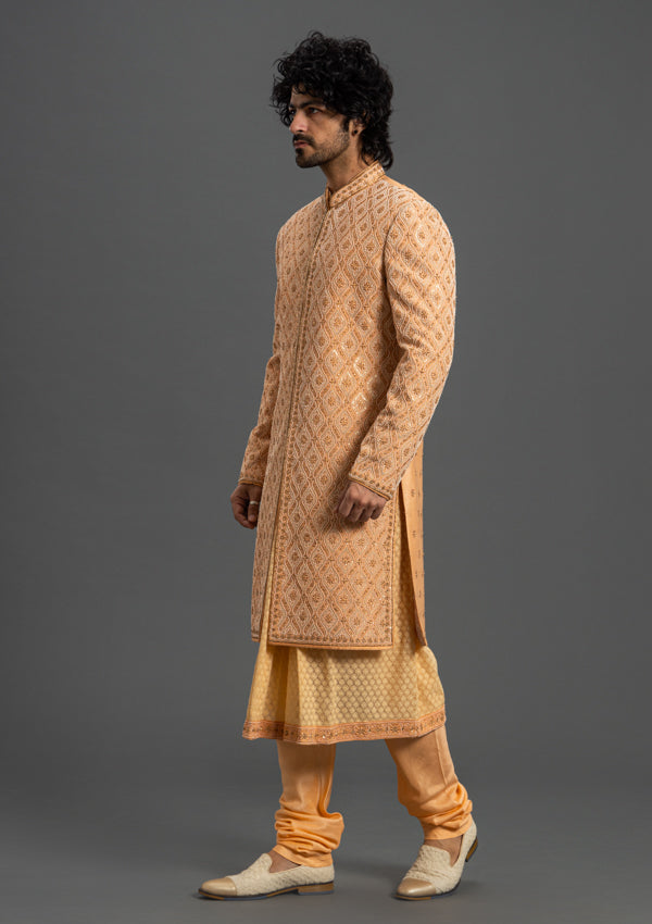 Onion Pink Cherry Silk Sherwani With Thread & Pearl-Tikki Work