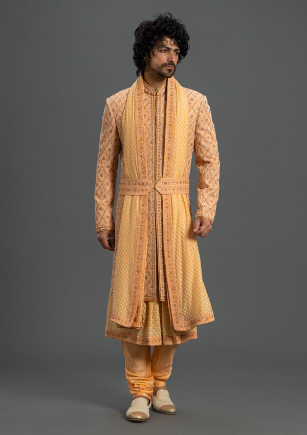 Onion Pink Cherry Silk Sherwani With Thread & Pearl-Tikki Work