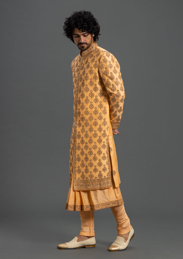 Orange Ananya Silk Sherwani With Zardozi Work