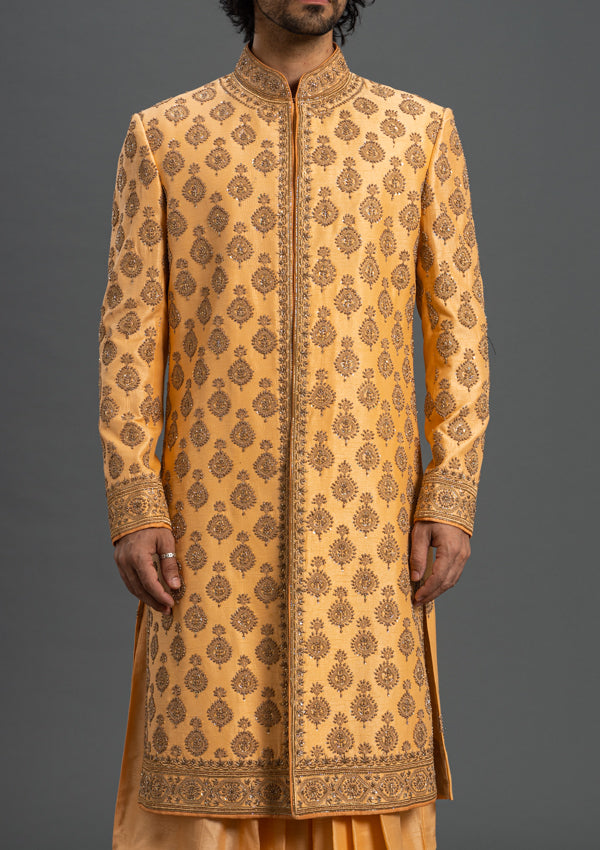 Orange Ananya Silk Sherwani With Zardozi Work