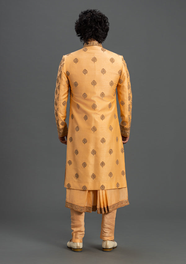 Orange Ananya Silk Sherwani With Zardozi Work