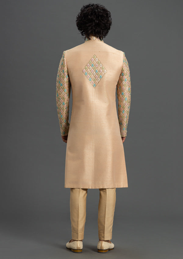 Beige Raw Silk Sherwani with Threadwork