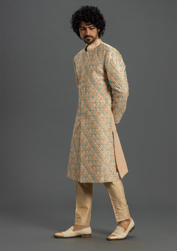 Beige Raw Silk Sherwani with Threadwork