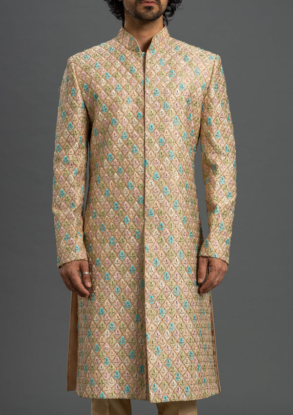 Beige Raw Silk Sherwani with Threadwork