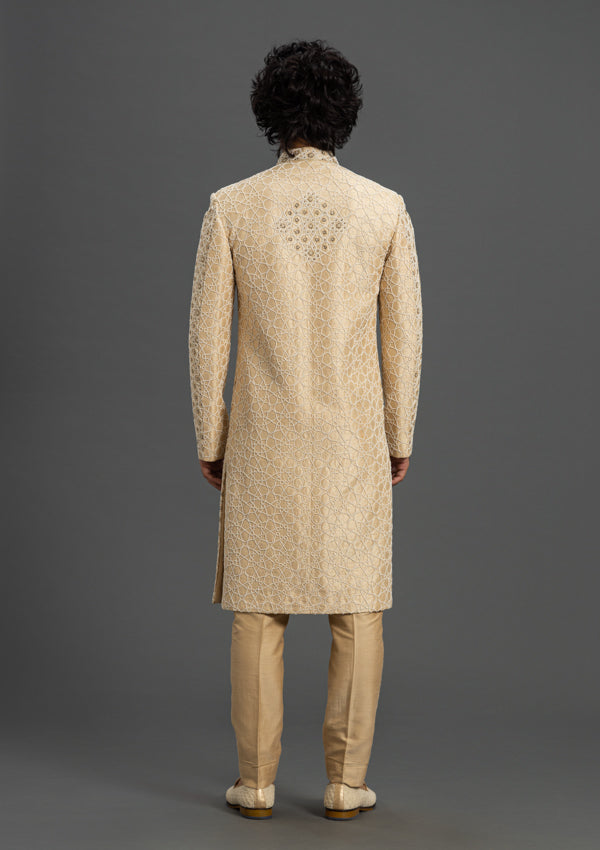 Beige Silk Sherwani with Thread Work