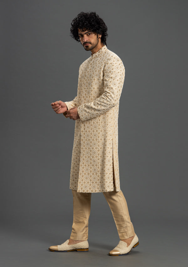 Beige Silk Sherwani with Thread Work