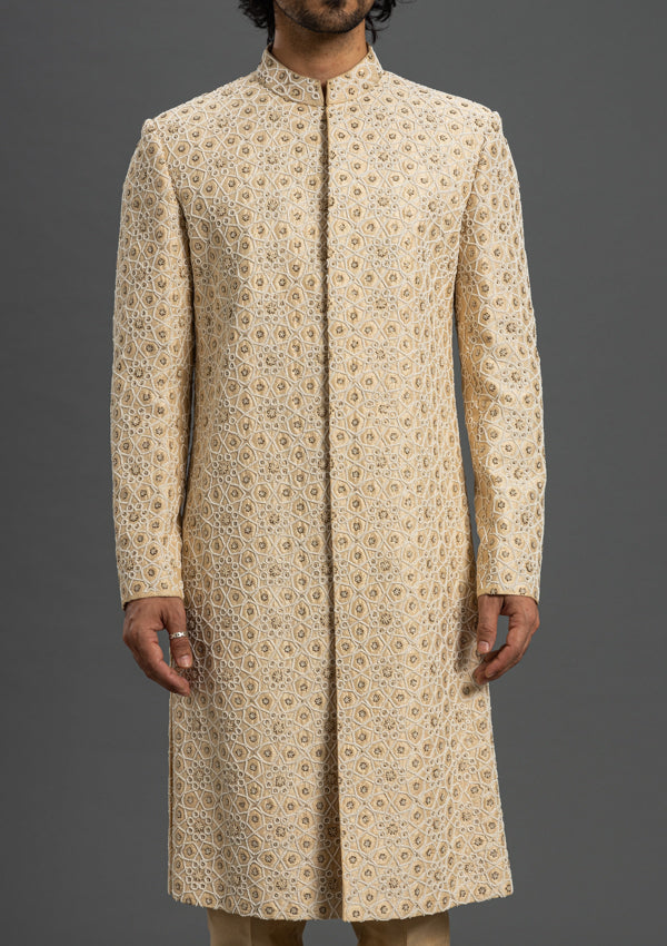 Beige Silk Sherwani with Thread Work